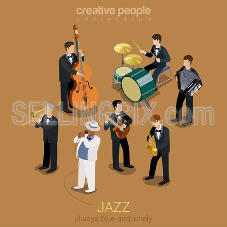 Jazz music band flat 3d web isometric infographic concept vector. Group of creative young people playing on instruments blues scene concert. Guitar sax cello accordion trombone. Creative collection.