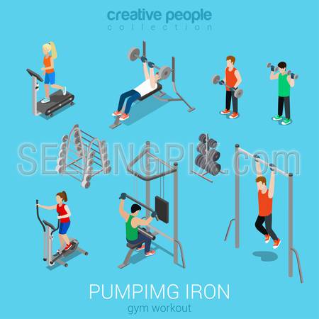 Sportsmen pumping iron gym workout exercise flat 3d web isometric infographic vector. Icon set of running treadmill horizontal bar dumbbells elliptical trainer. Creative people collection.