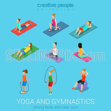 Sports women yoga gym gymnastics workout exercise flat 3d web isometric infographic vector. Icon set of young girls on carpets balls skipping rope. Creative people collection.