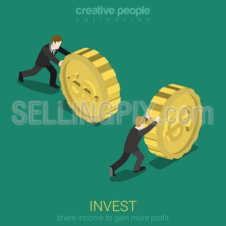 Money invest flat 3d web isometric infographic concept vector. Businessman rolling gold dollar coin. Monetary finance conceptual. Creative people collection.