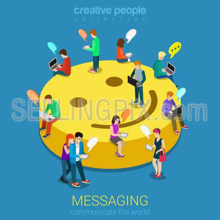 Chat messaging communication flat 3d web isometric infographic concept vector. Micro young chatting people with electronic devices sitting on big smile podium. Creative people collection.