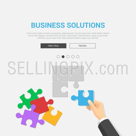 Showcase mockup modern flat design vector illustration concept for business solutions. Hand placing puzzle piece top view workplace desktop table. Web banner promotional materials template collection.