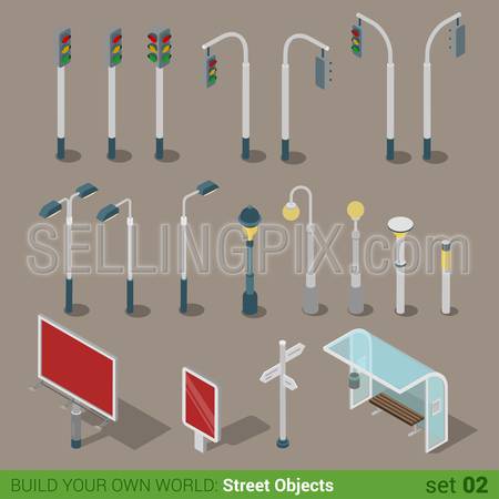 Flat 3d isometric high quality city street urban objects icon set. Traffic light street lights big board citylight bus transport stop road signboard. Build your own world web infographic collection.
