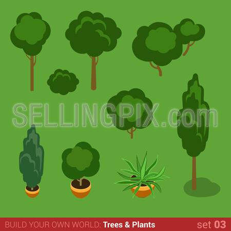 Flat 3d isometric high quality trees bushes plants objects icon set. Build your own world web infographic collection.