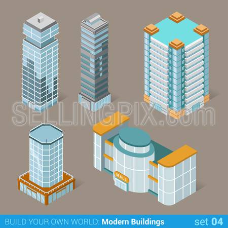 Architecture modern business buildings icon set flat 3d isometric web illustration vector. Business center mall public government and skyscrapers. Build your own world web infographic collection.