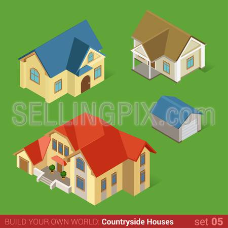 Architecture classic countryside houses buildings icon set flat 3d isometric web illustration vector. Maison home cottage townhouse and garage. Build your own world web infographic collection.