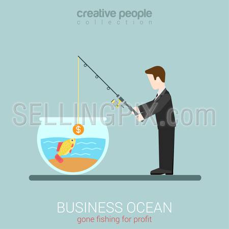 Flat modern business web concept template for businessman investor seeking to catch goldfish. Man fishing in aquarium throw rod with coin bait. Creative people collection.