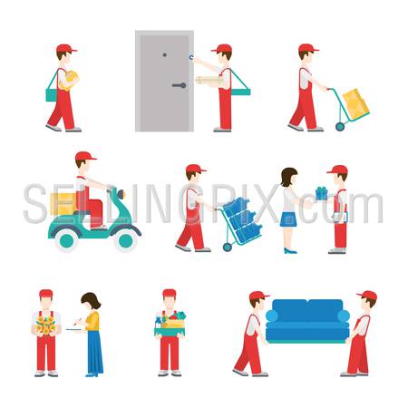 Delivery service workers in process with clients icon set flat modern web isometric infographic concept vector. Deliveryman with box pizza water scooter flower furniture gift customer. Creative people.