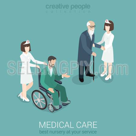 Medical care nurse doctor medicine hospital staff healthcare insurance flat 3d isometric web concept. Female in uniform with old man and patient on wheelchair. Creative people collection.
