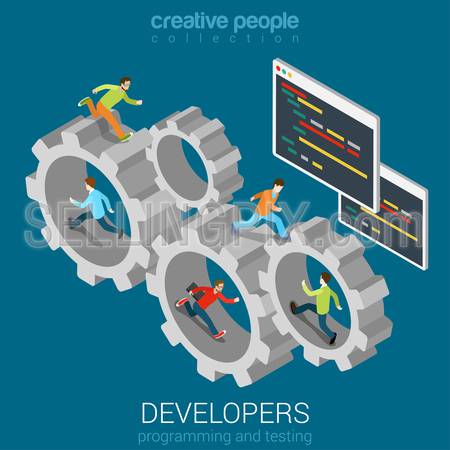 Developers programmer coder teamwork cogwheel flat 3d web isometric infographic vector. Program code interface window and young men staff team memebers in gear connection. Creative people collection.