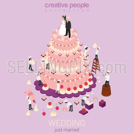Wedding cake cream tart micro just married couple groom bride bakers confectionery tools around. Creative flat 3d isometric postcard concept holiday event organization service confectioner business.
