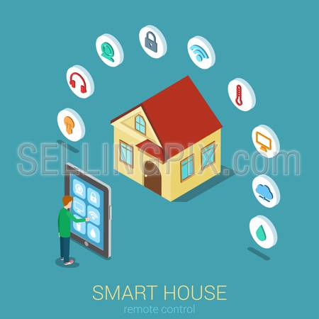 Smart house remote control flat 3d modern technology web isometric infographic vector. Man touch tablet manage indicator security camera temperature climate humidity water. Creative people collection.
