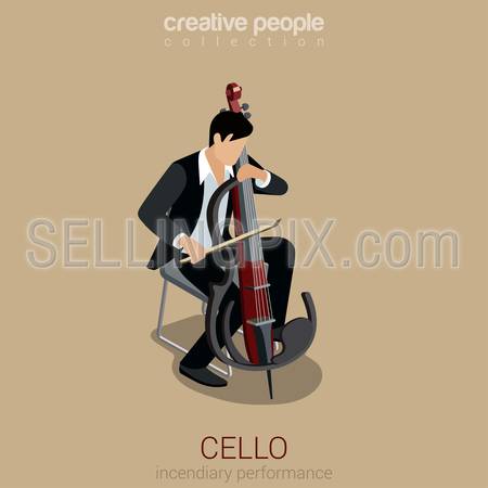 Cello performer flat 3d web isometric infographic concept vector. Young male musician plays concept on modern style cello on scene. Incendiary performance. Creative people collection.
