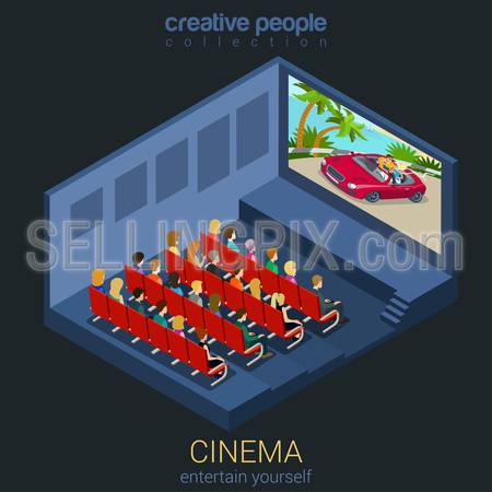 Cinema watch movie in theater template mockup concept flat 3d isometric web infographic vector. Creative people entertainment collection. Build your own world.