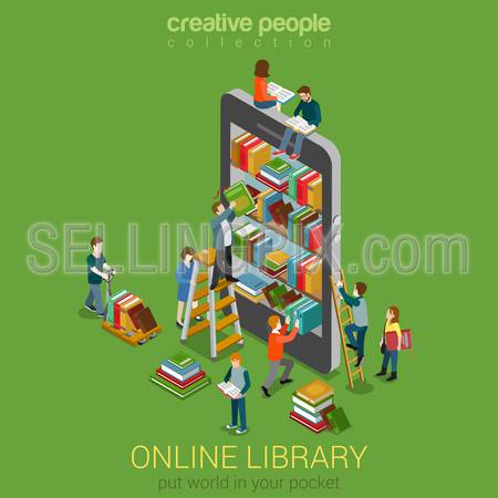 Online mobile library creative modern 3d flat design web isometric concept. Library shelfs in smart phone tablet micro people on ladders reading put take off books. World knowledge in pocket.