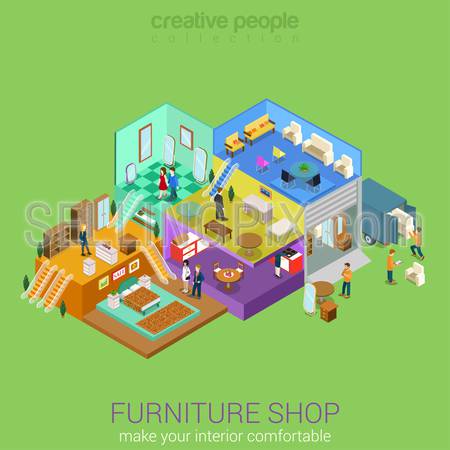 Flat 3d isometric furniture shop interior mall business concept vector. Bedroom living dining room table sofa stool chair mirror carpet cupboard locker indoor interior floors with walking shoppers.