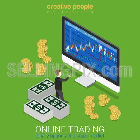 Stock exchange binary option online trading finance instrument market tools flat 3d web isometric infographic concept vector. Mini stock trader before hue monitor graphic. Creative people collection.