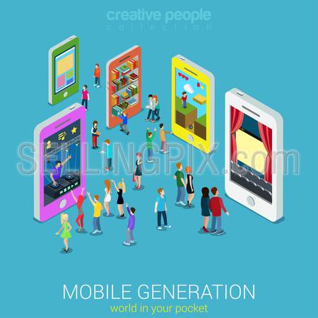 Flat 3d web isometric mobile generation infographic concept vector. Crowded street between smartphones listening music watching tv movie game play library website surfing. Creative people collection.