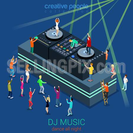 Night club dance DJ booth party flat 3d web isometric infographic concept vector template. Group young men girls dancing scene before and on dee-jay equipment. Creative people collection.