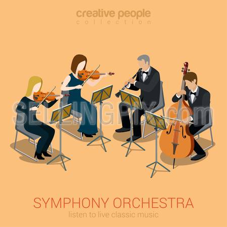 Classic symphony orchestra string quartet flat 3d web isometric infographic concept vector. Group of creative young people playing on instruments scene theater opera concert. Cello violin clarinet.