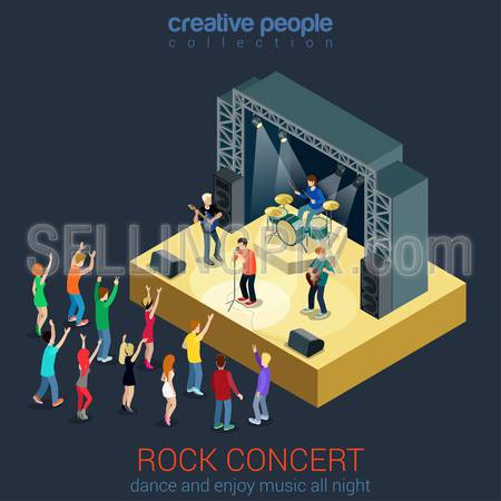 Rock music band pop professional scene concert flat 3d web isometric infographic concept vector. Group creative young people playing instruments impressive performance. Creative people collection.