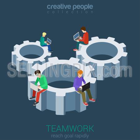 Developers programmer coder teamwork cogwheel flat 3d web isometric infographic vector. Micro young men staff team members sitting on huge gear connection. Creative people collection.