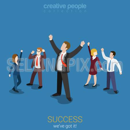 Success in business flat 3d web isometric infographic vector. Happy successful businesspeople group. Creative people collection.