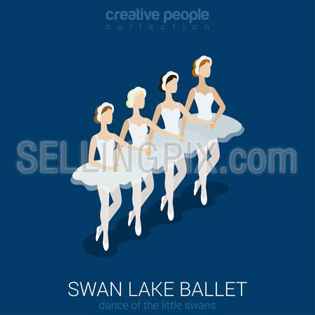 Dancing ballerinas. Swan lake ballet. Dance of little swans. Flat 3d isometric classic ballet female performers. Creative people collection.