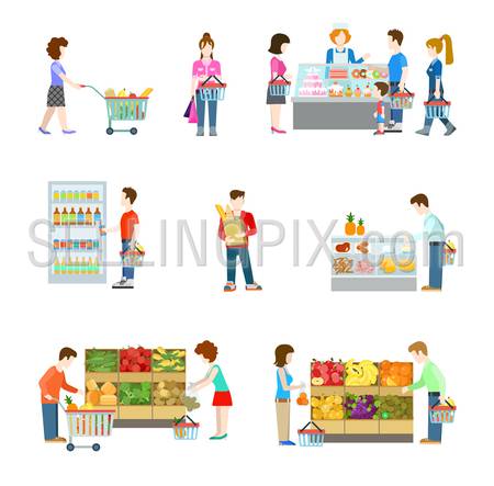 Flat style people figures at shopping mall supermarket grocery shop shelves. Web template vector icon set. Lifestyle icons. Fruit vegetable alcohol beer cheese sausage confectioner department.
