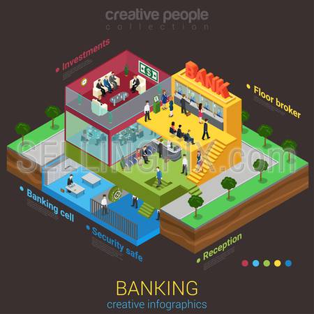 Flat 3d isometric abstract bank building floor interior departments concept vector. Reception safe depository meeting room workplaces top management indoor stairs. Creative business people collection.
