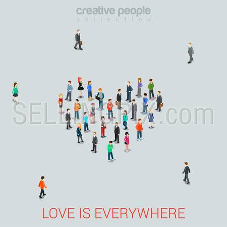 People standing as Heart shape flat isometric 3d style vector illustration. Love concept idea. Creative people collection.