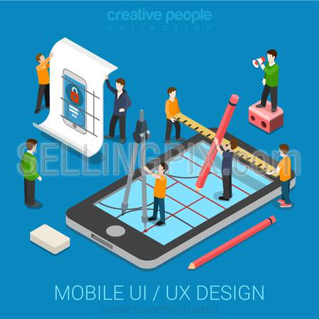 Mobile UI / UX design web infographic concept flat 3d isometric vector. People creating interface on phone tablet. User interface experience, usability, mockup, wireframe development concept.