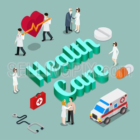 Health care medicine modern lifestyle flat 3d web isometric infographic vector. Young micro male female group healthcare medical workers ambulance emergency on huge letters. Creative people collection