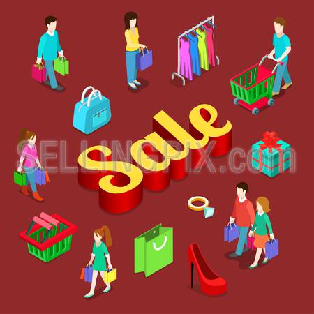 Sale shopping consumerism modern lifestyle flat 3d web isometric infographic vector. Young micro male female group shopper customer gift box cart bag huge letters. Creative people collection.
