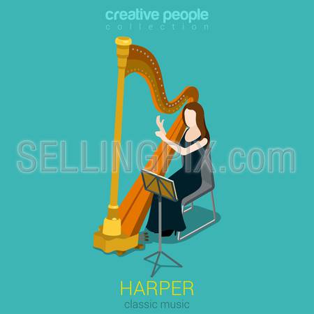 Classic music symphony female harp performer flat 3d web isometric infographic concept vector. Young woman people playing on instruments scene theater opera concert.