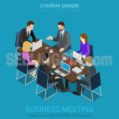 Business meeting room team collaboration flat 3d web isometric infographic concept vector. Businesspeople around table working with laptop tablet. Creative people collection.
