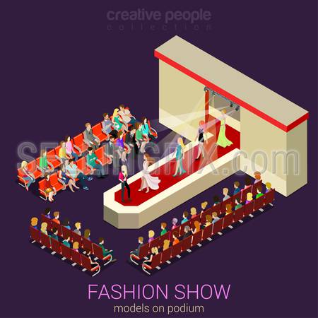 Fashion show podium defile flat 3d isometric web infographic template vector. Female photo models walking on scene demonstrating new clothes dress and expert auditory. Creative people collection.
