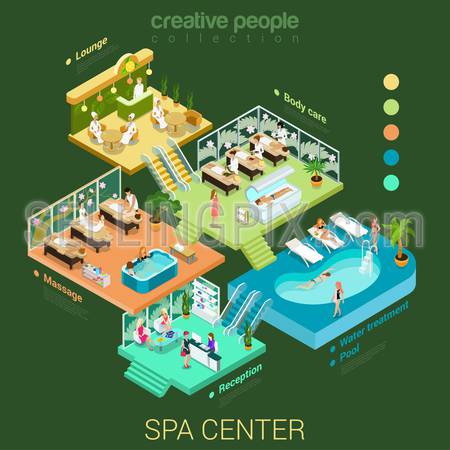 Flat 3d isometric abstract spa salon center floor interior departments concept vector. Reception water pool massage body care lounge health lifestyle stairs. Creative relax care people collection.