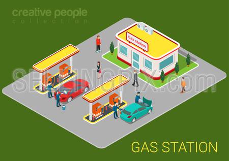 Gas petroleum petrol refill station cars and customers flat 3d web isometric infographic concept vector. Refilling cleaning shopping service. Petroleum creative people collection.