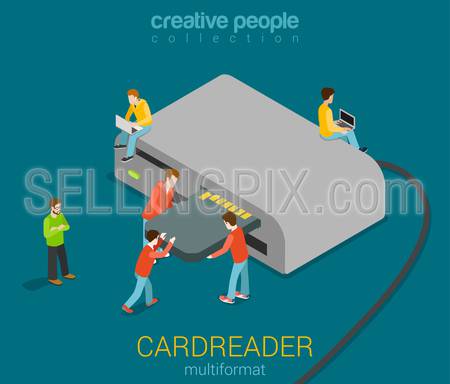 Micro people stick SD card into USB card reader modern vector illustration. Flat 3d isometric technology equipment multiformat accessory collection. Build your own creative people world.