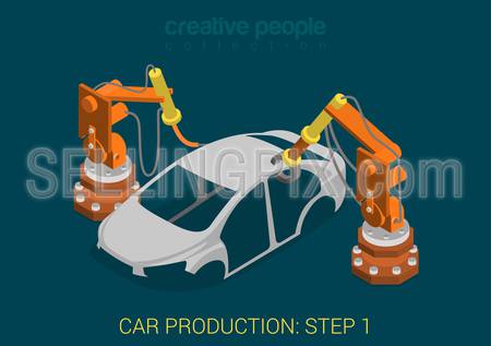 Car production plant process step 1 welding works flat 3d isometric infographic concept vector illustration. Factory robots weld vehicle body in assembly shop. Build creative people world collection.