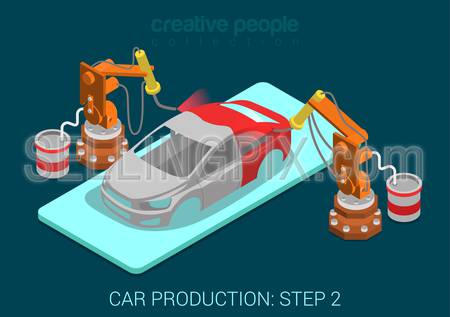 Car production plant process step 2 painting automatic robot works flat 3d isometric infographic concept vector illustration. Spray paint robots in assembly shop. Build creative world collection.