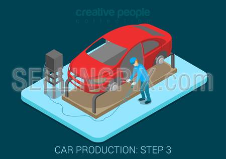 Car production plant process step 3 welding works flat 3d isometric infographic concept vector illustration. Factory worker with vehicle body weld door in assembly shop. Build creative people world.