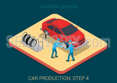 Car production plant process step 4 tires assembly flat 3d isometric infographic concept vector illustration. Factory workers tie wheels with vehicle body assembly shop. Build creative people world.