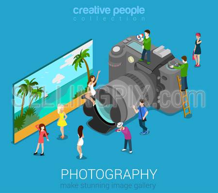 Micro people on DSLR photo camera and sample abstract picture. Flat 3d isometric web vector infographic illustration. Professional digital photography session concept. Creative people world collection.