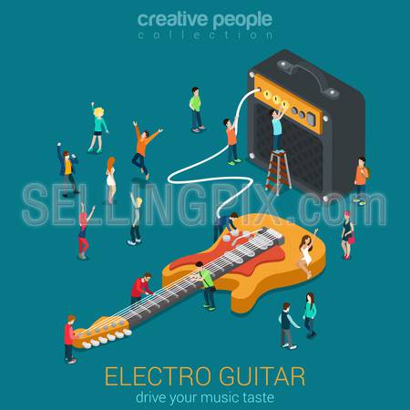 Rock acoustic bass guitar amp combo and micro people flat 3d web isometric infographic vector. Rock music equipment concept. Creative people world collection.