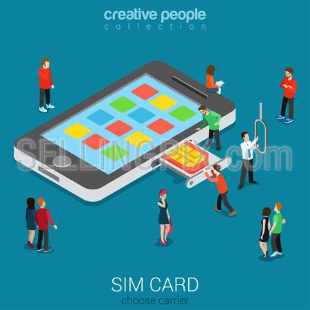 Flat 3d isometric mobile carrier SIM card insert process concept. Micro people stick nano SIM into smartphone. Connectivity generation concept. Build creative people world constructor collection.