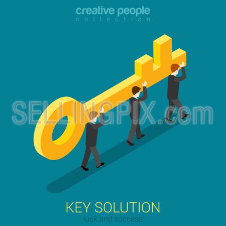 Business movement towards solution concept flat 3d web isometric vector. Micro businessmen carry big golden key. Build creative people world collection.