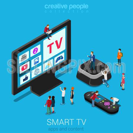 Smart online internet ip tv flat 3d web isometric infographic. Next generation IPTV television. Micro people crowd hyper trophic screen set top box remote controller. Creative technology collection.