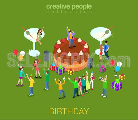 Birthday party cake chocolate cream tart with micro people around. Creative flat 3d isometric concept for holiday event organization service.